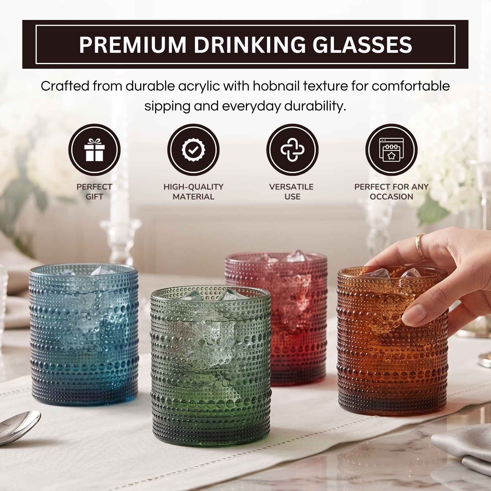 Eze Acrylic Hobnail Lowball Glassware, Set of 4