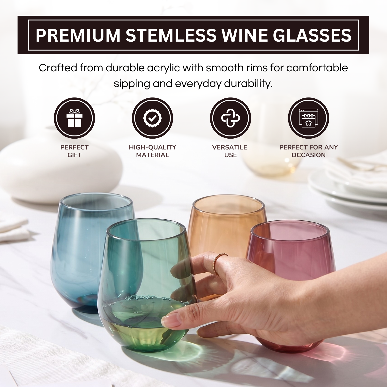 Eze Acrylic Stemless Wine Glassware, Set of 4