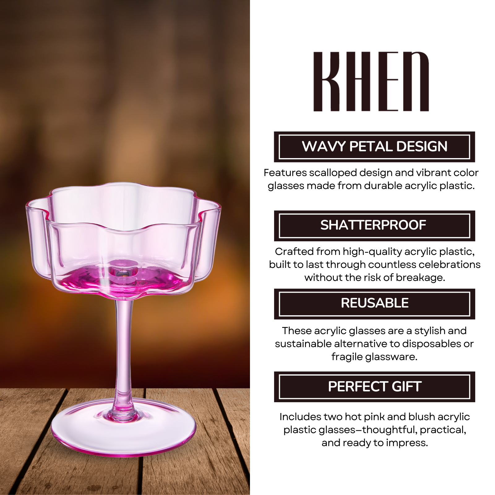 Flower Wave Coupe Cocktail Colored Glasses | Set of 2 | Hot Pink & Blush