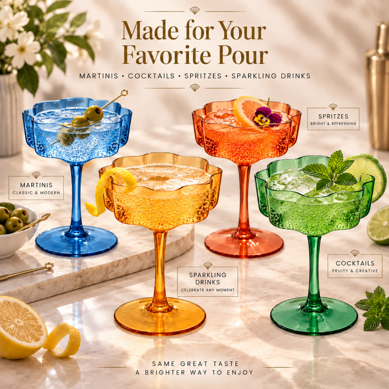 Eze Acrylic Champagne Coupe Cocktail Glassware, Set of 4