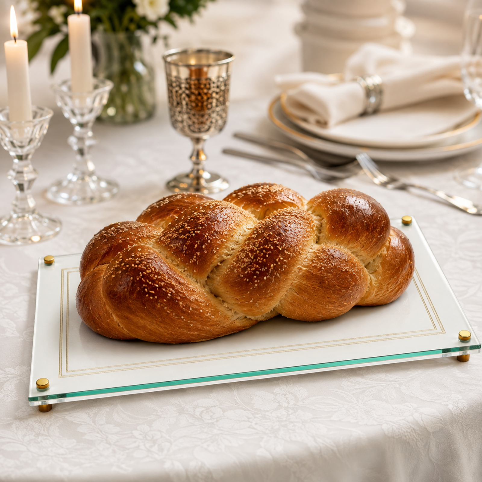 Acrylic Lucite Challah Bread Cutting Board, Gold & White