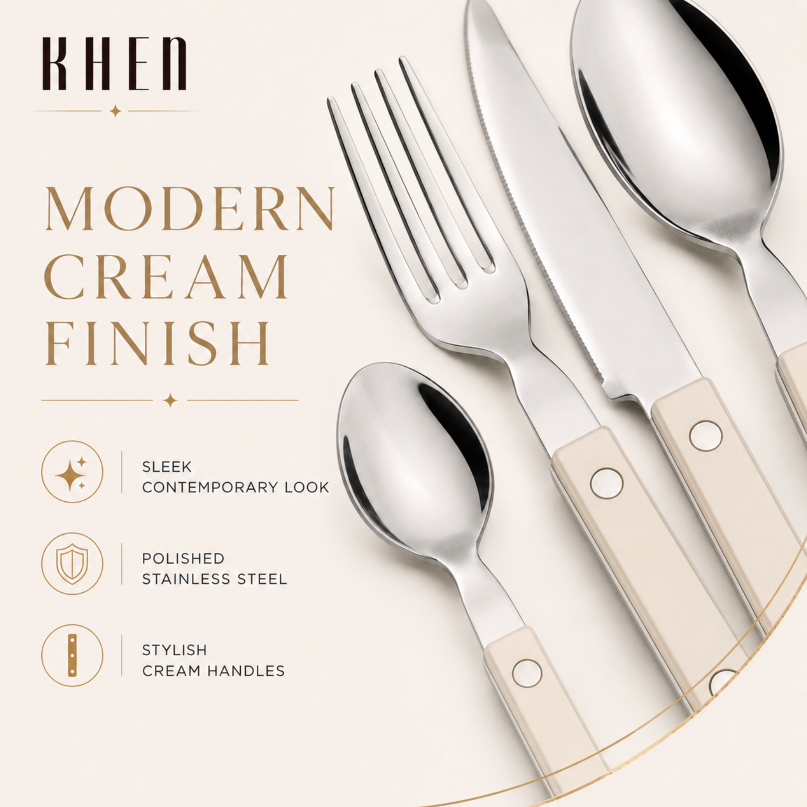 Khen Cream Cutlery Set of 20 –18/8 Stainless Steel Flatware