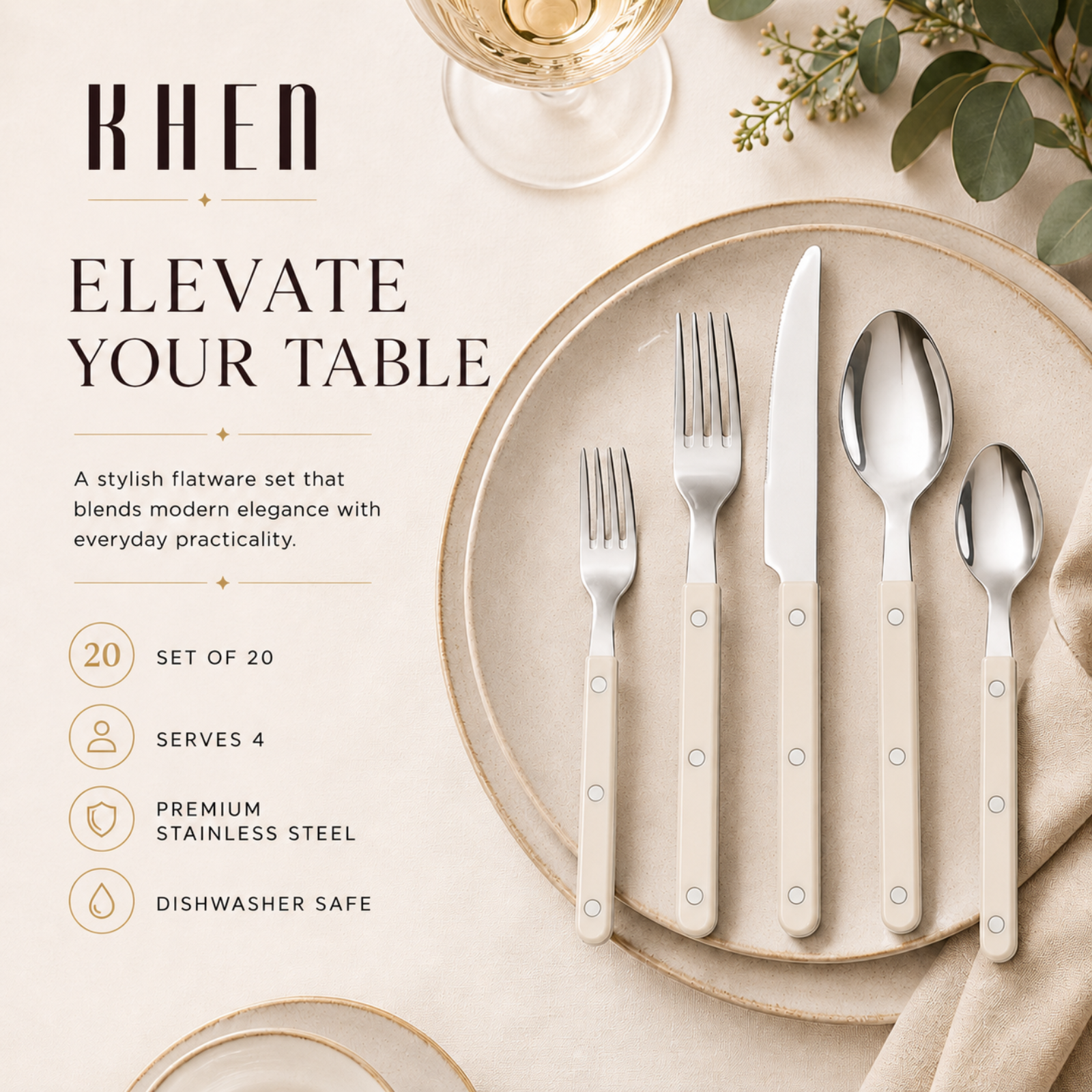 Khen Cream Cutlery Set of 20 –18/8 Stainless Steel Flatware
