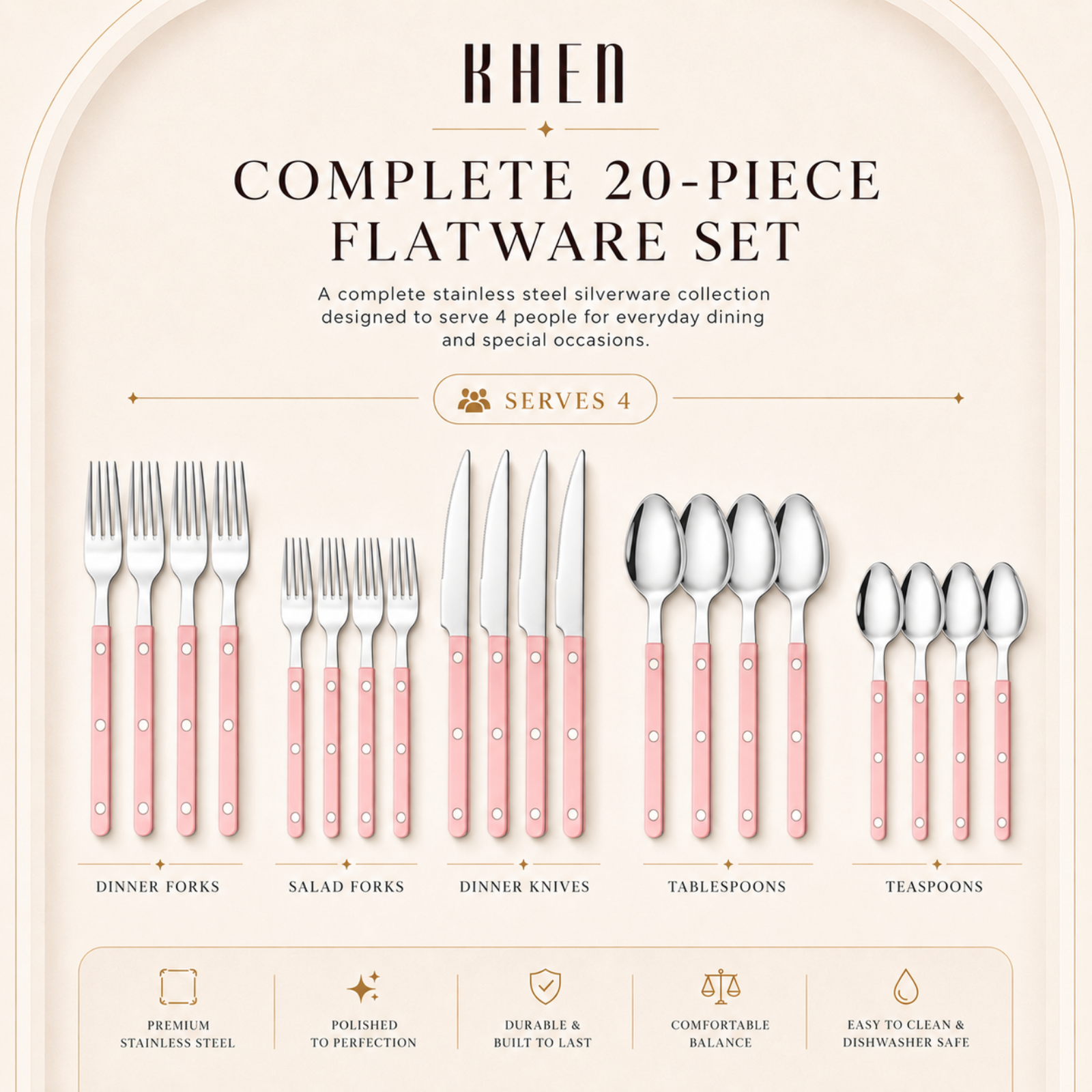 Khen Pink Cutlery Set of 20 –18/8 Stainless Steel Flatware