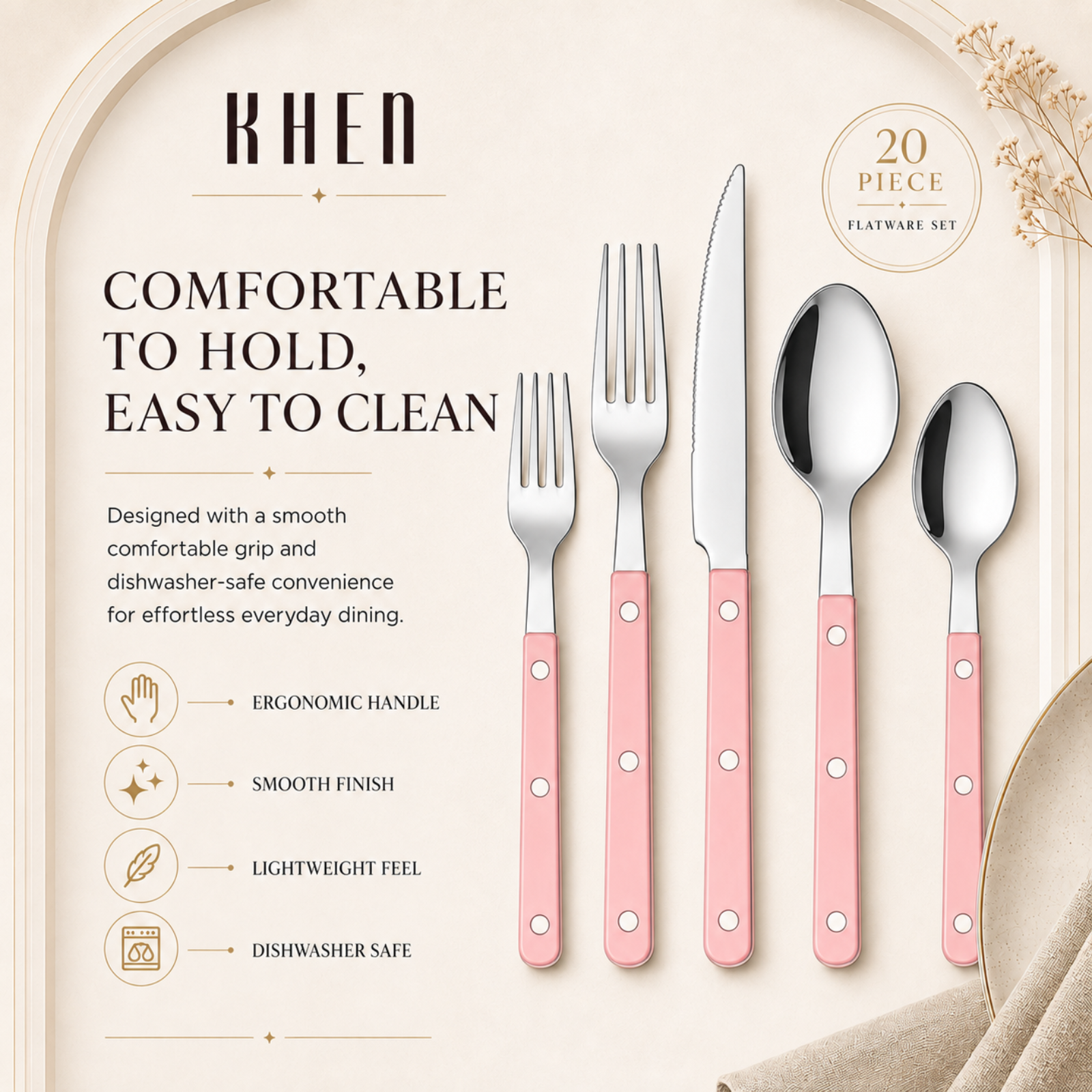 Khen Pink Cutlery Set of 20 –18/8 Stainless Steel Flatware