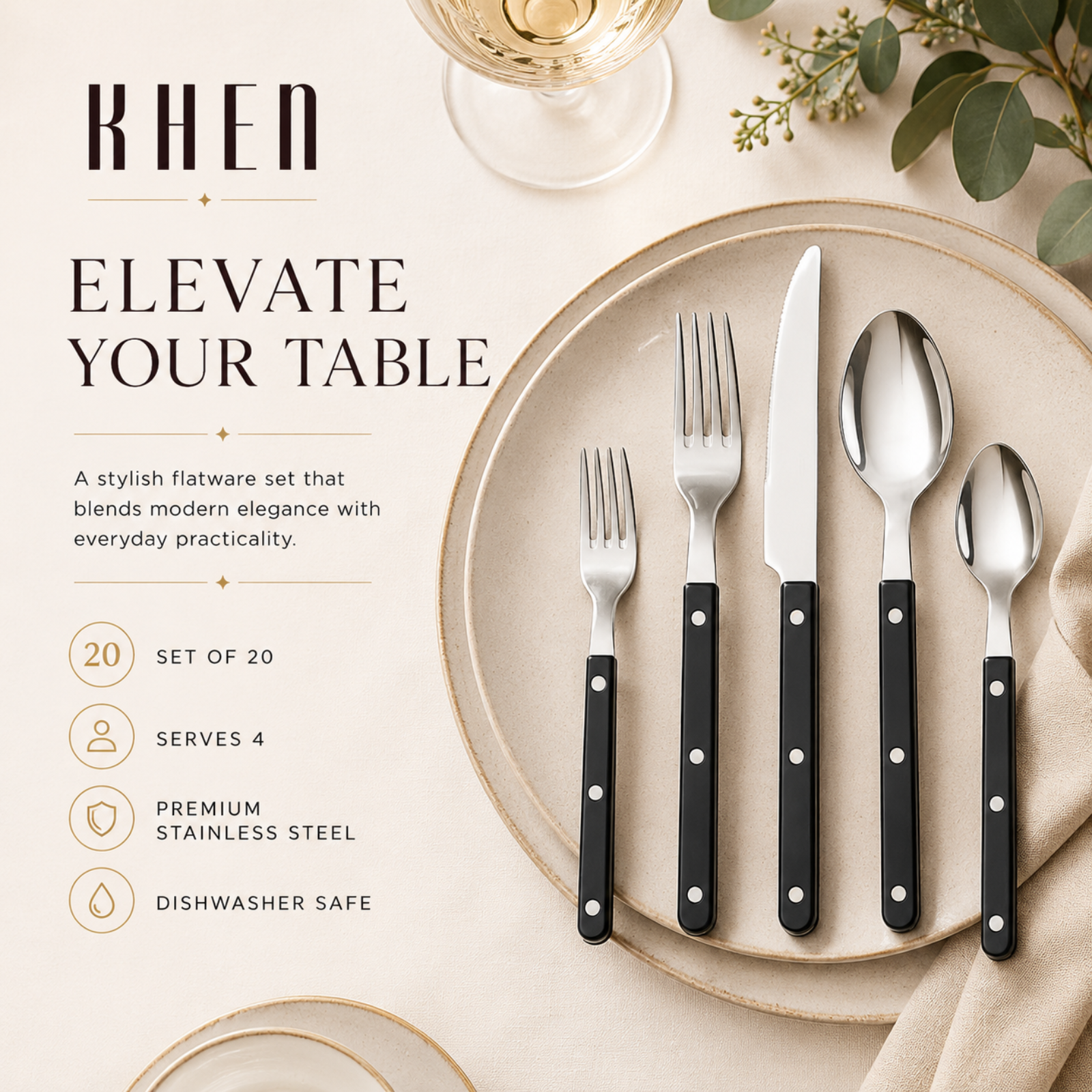 Khen Black Cutlery Set of 20 –18/8 Stainless Steel Flatware