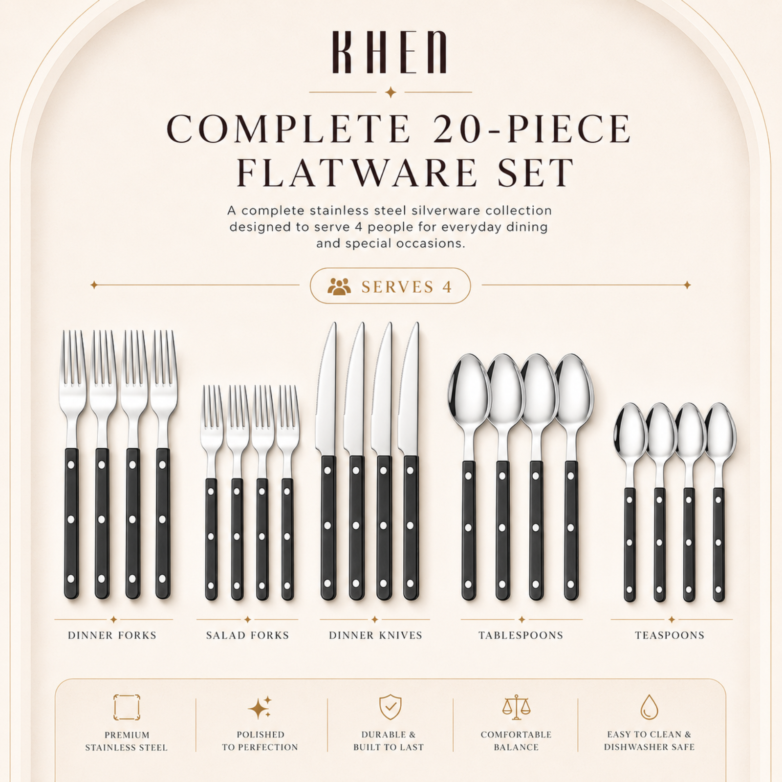 Khen Black Cutlery Set of 20 –18/8 Stainless Steel Flatware