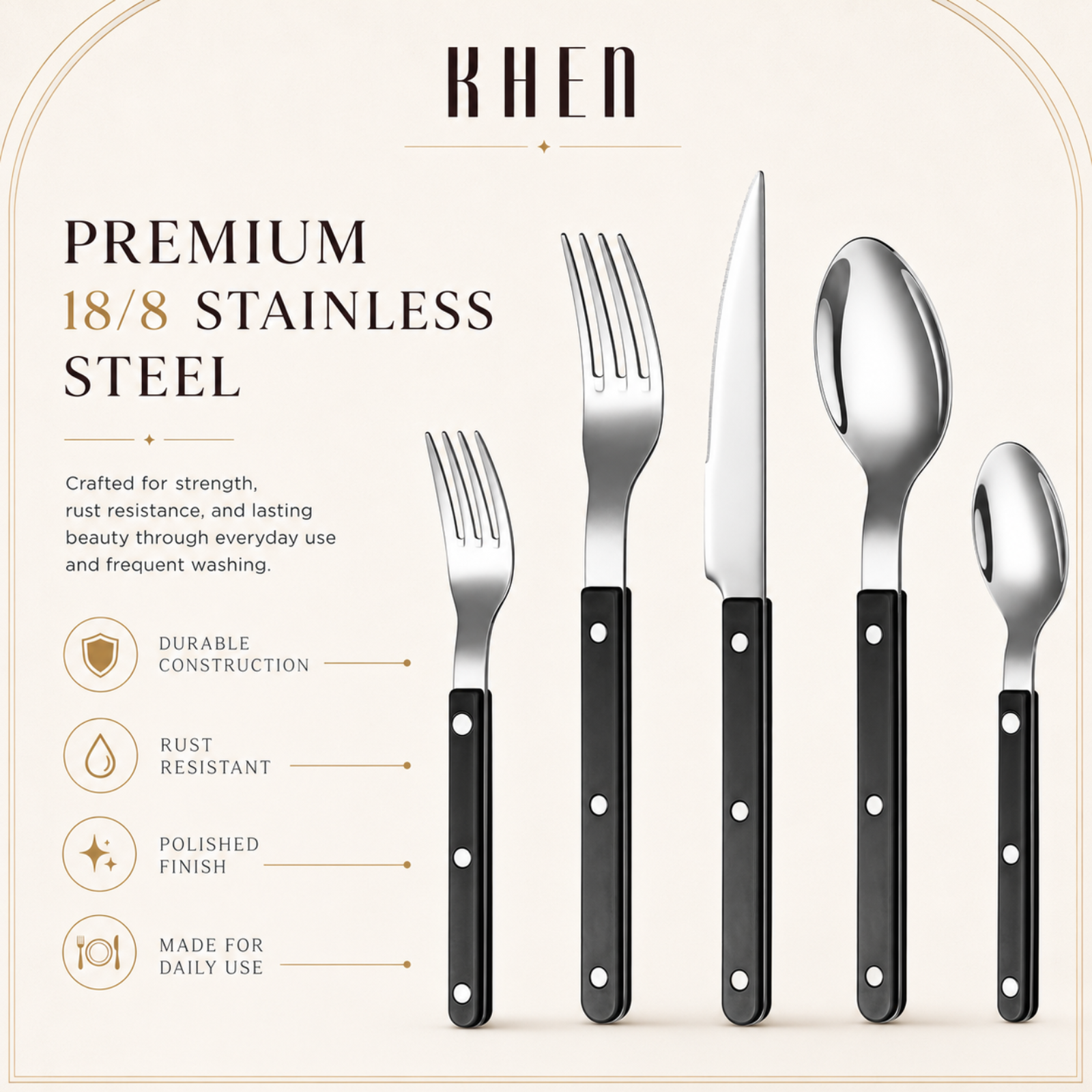 Khen Black Cutlery Set of 20 –18/8 Stainless Steel Flatware
