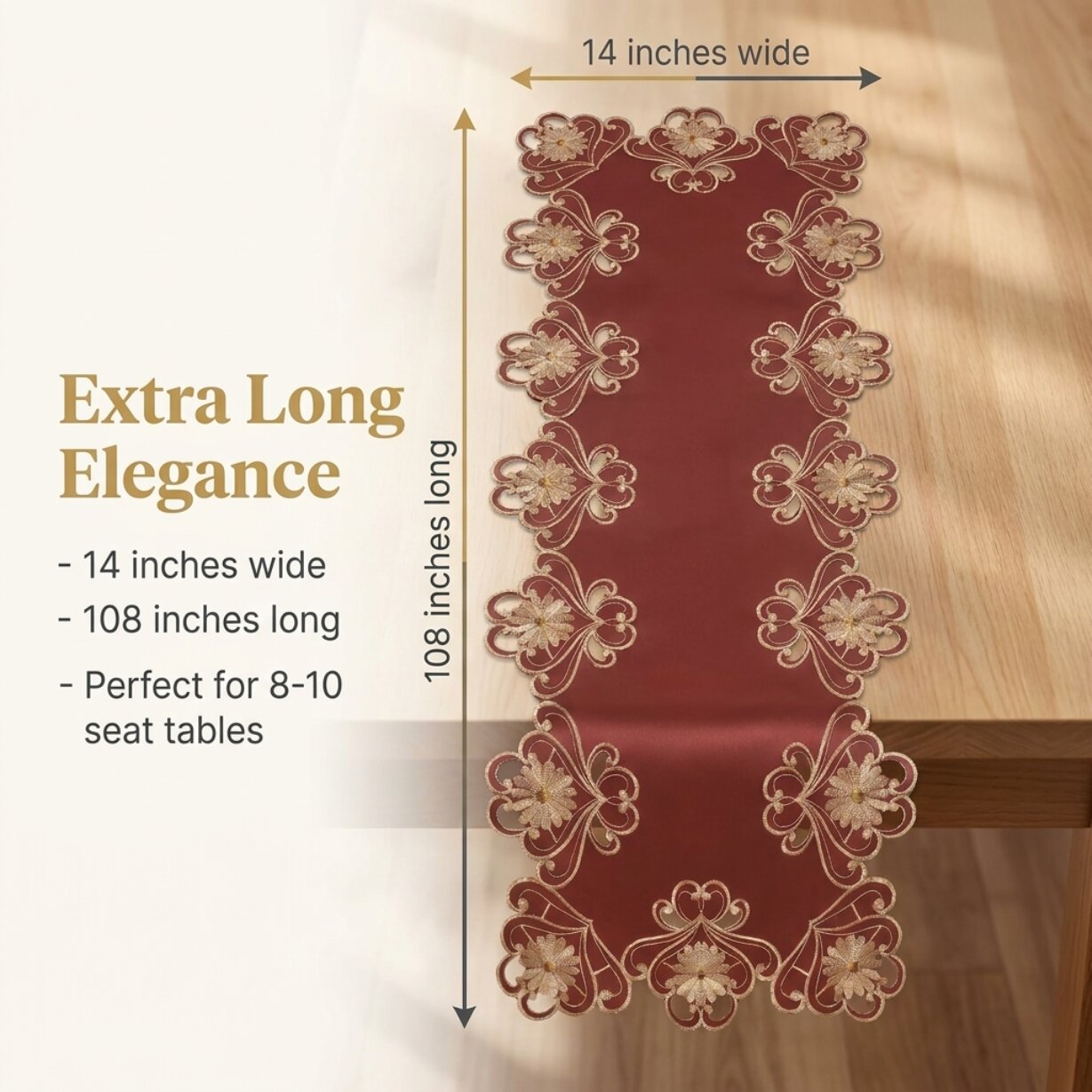 Red Lace Table Runner – European Embroidery Design, Rustic Dining Table Decor 14x108 Inch