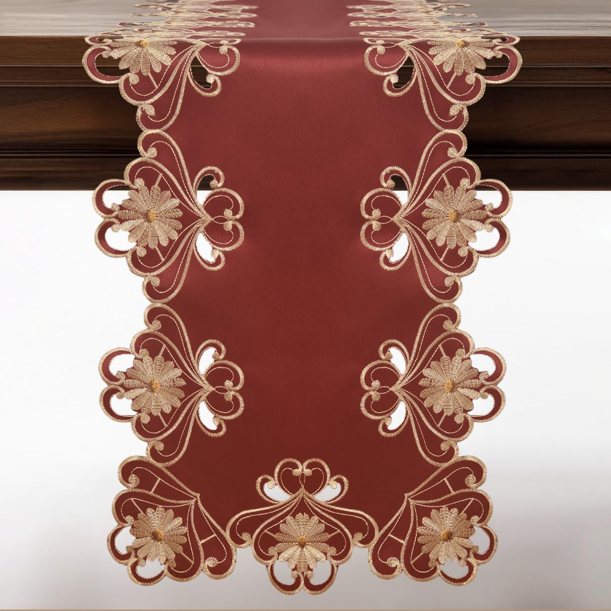 Red Lace Table Runner – European Embroidery Design, Rustic Dining Table Decor 14x108 Inch
