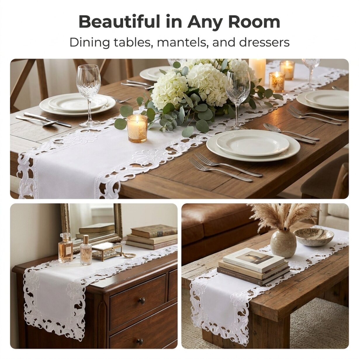 White Table Runner – European Embroidery Rustic Dining Table Decor 14x108 Inch