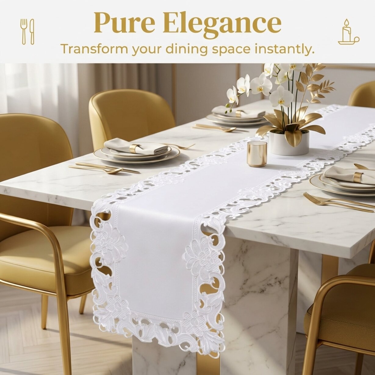White Table Runner – European Embroidery Rustic Dining Table Decor 14x108 Inch