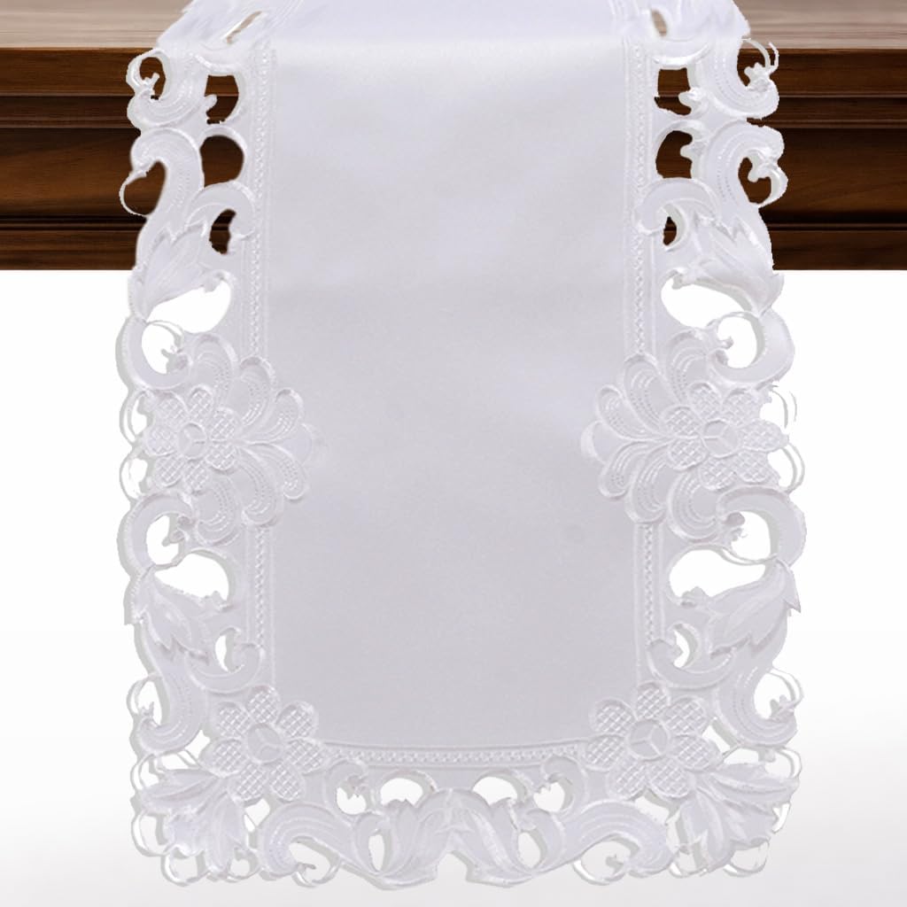 White Table Runner – European Embroidery Rustic Dining Table Decor 14x108 Inch
