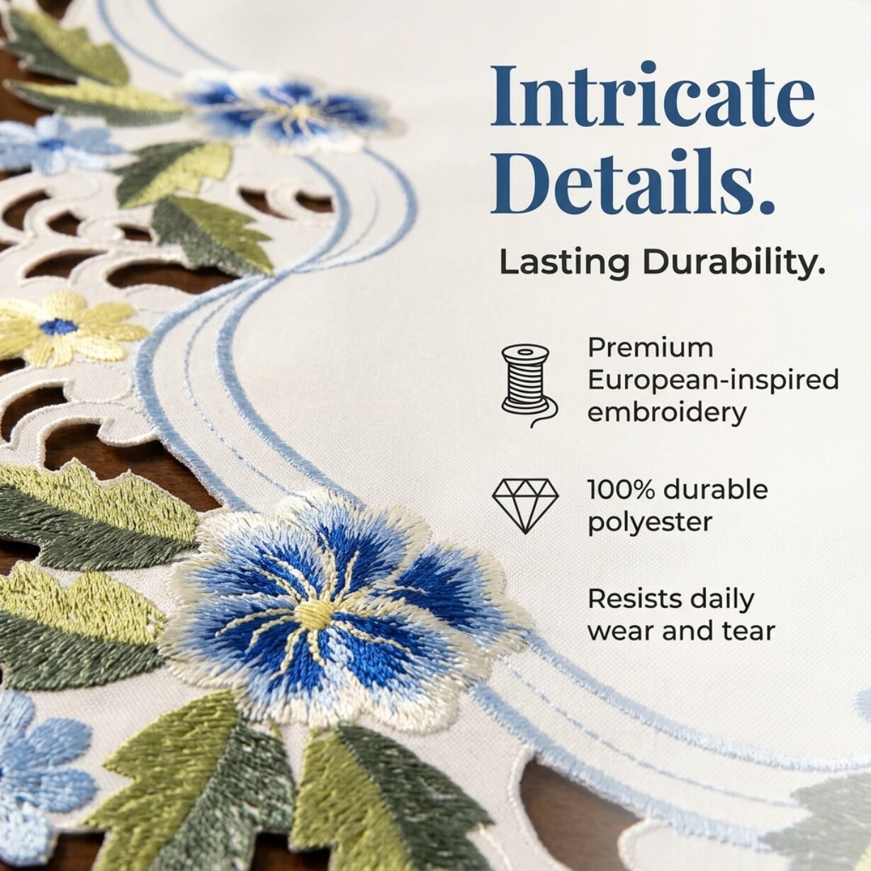 Blue Green Lace Table Runner – European Embroidered Polyester Fabric Decor 14x108 Inch