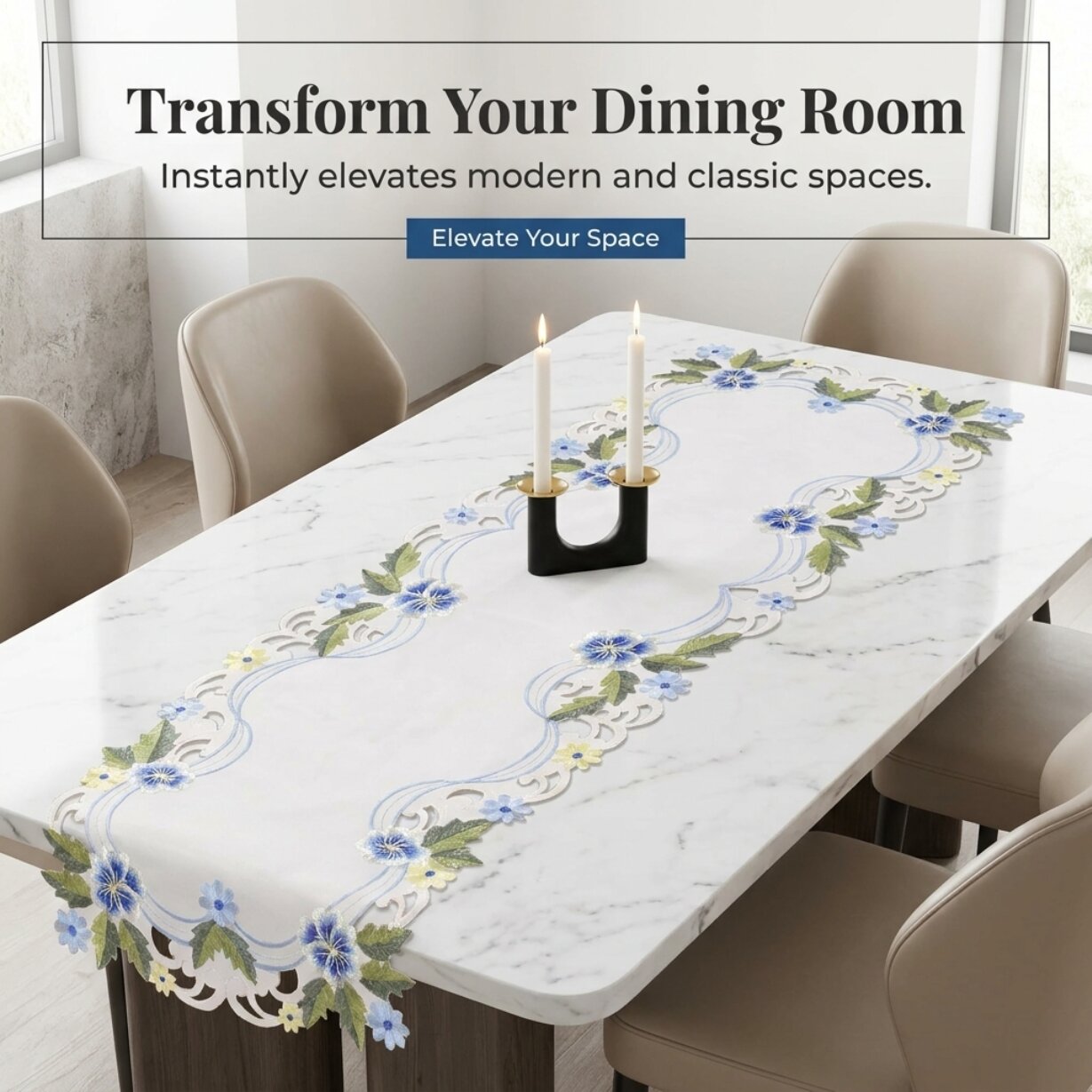 Blue Green Lace Table Runner – European Embroidered Polyester Fabric Decor 14x108 Inch