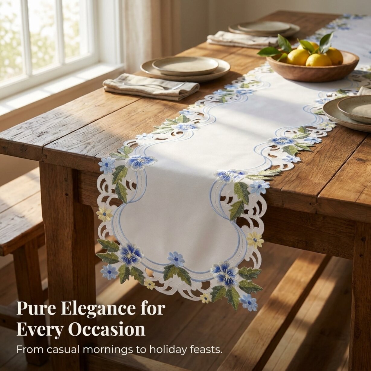 Blue Green Lace Table Runner – European Embroidered Polyester Fabric Decor 14x108 Inch