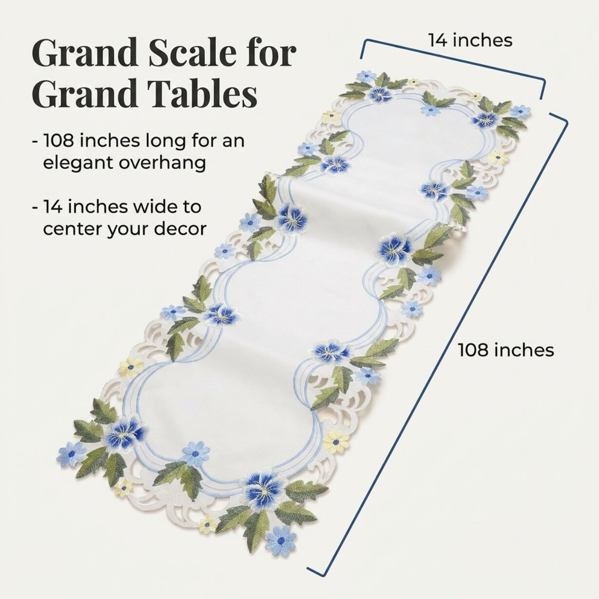 Blue Green Lace Table Runner – European Embroidered Polyester Fabric Decor 14x108 Inch