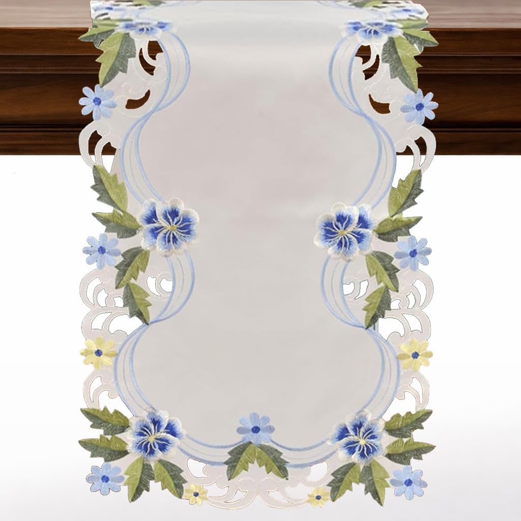 Blue Green Lace Table Runner – European Embroidered Polyester Fabric Decor 14x108 Inch