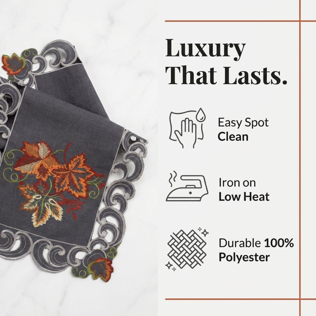 Charcoal Gray Table Runner – Embroidered Fleur Collection, 14x108 Inch Polyester Accent