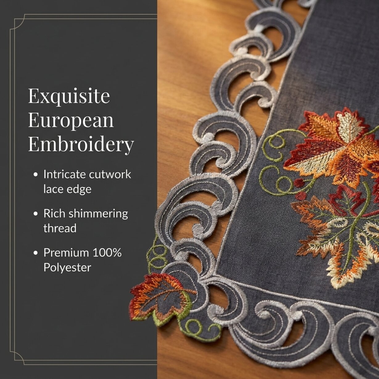Charcoal Gray Table Runner – Embroidered Fleur Collection, 14x108 Inch Polyester Accent