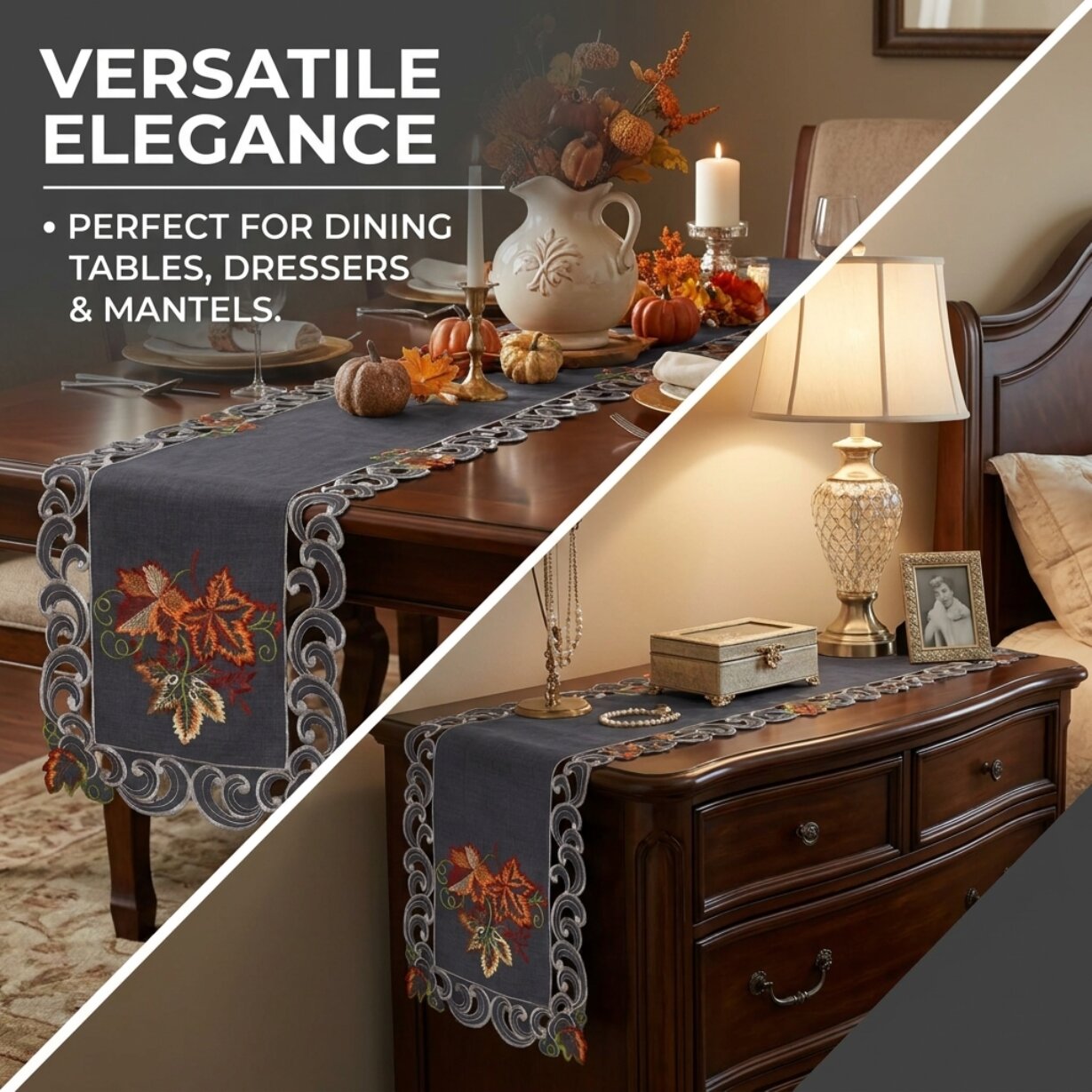 Charcoal Gray Table Runner – Embroidered Fleur Collection, 14x108 Inch Polyester Accent