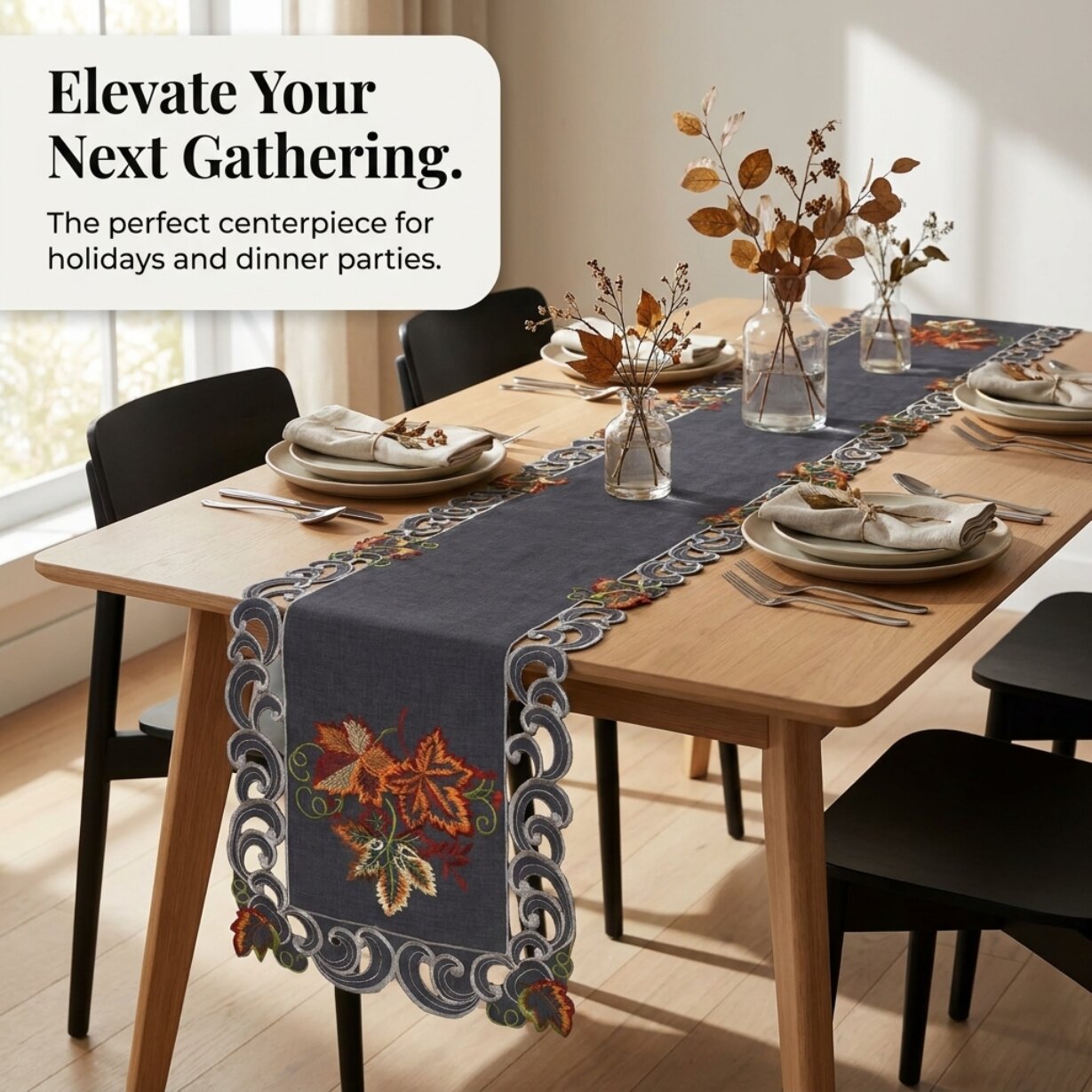 Charcoal Gray Table Runner – Embroidered Fleur Collection, 14x108 Inch Polyester Accent