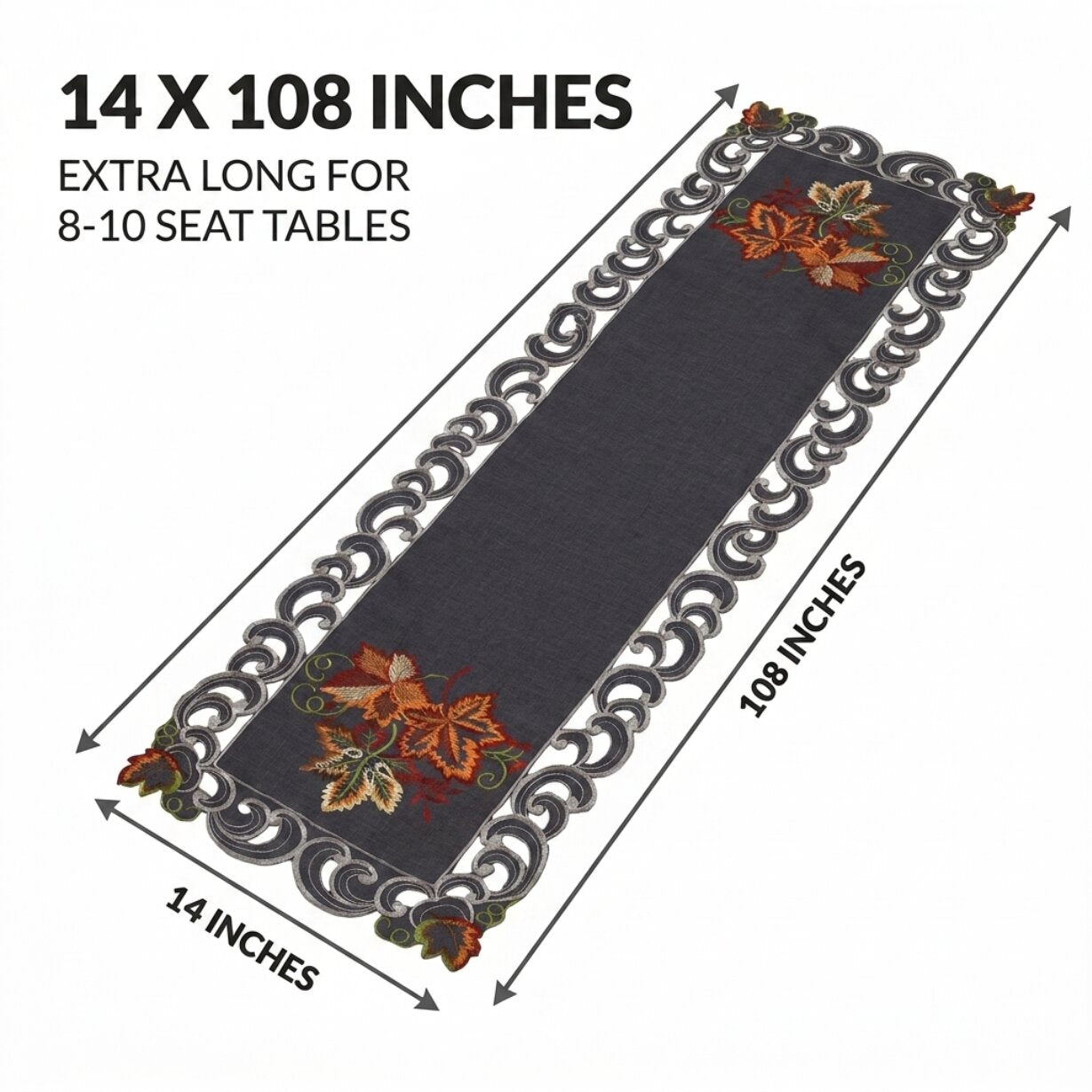 Charcoal Gray Table Runner – Embroidered Fleur Collection, 14x108 Inch Polyester Accent