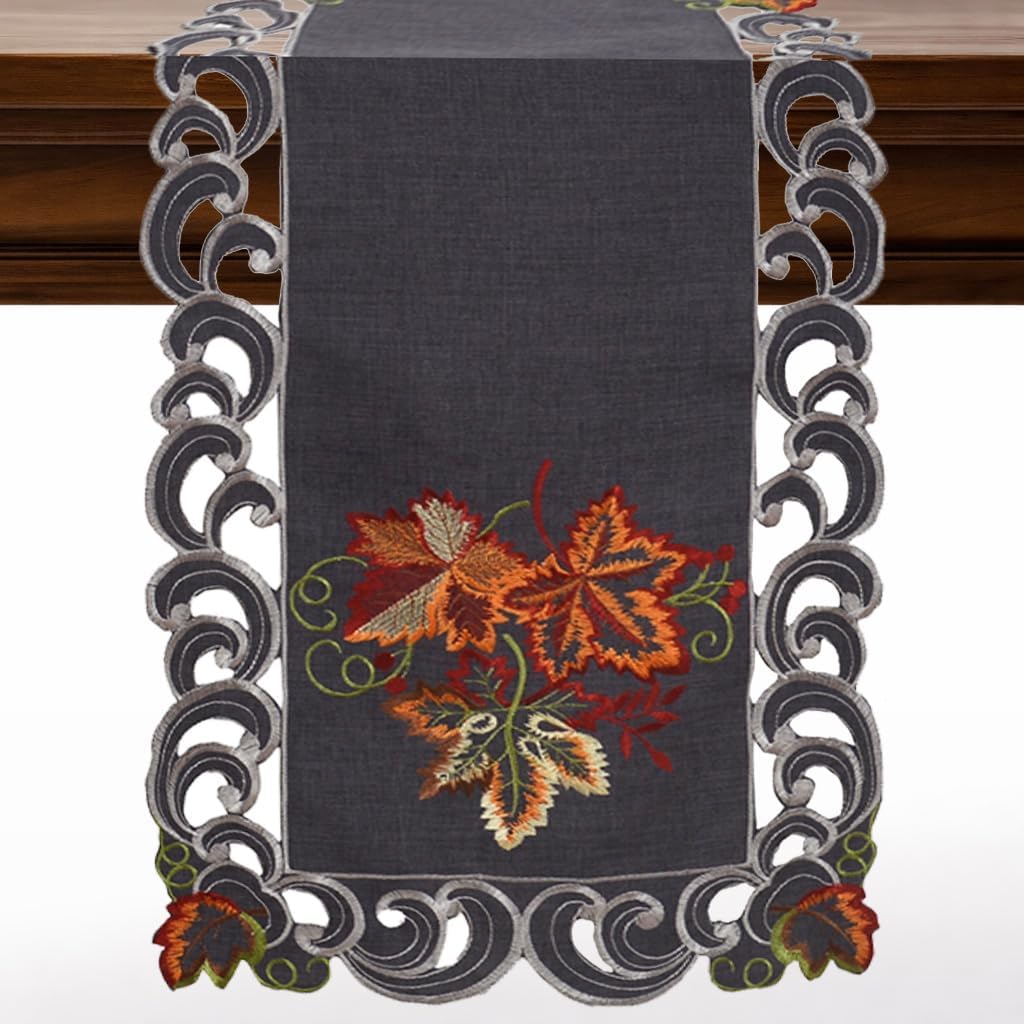 Charcoal Gray Table Runner – Embroidered Fleur Collection, 14x108 Inch Polyester Accent