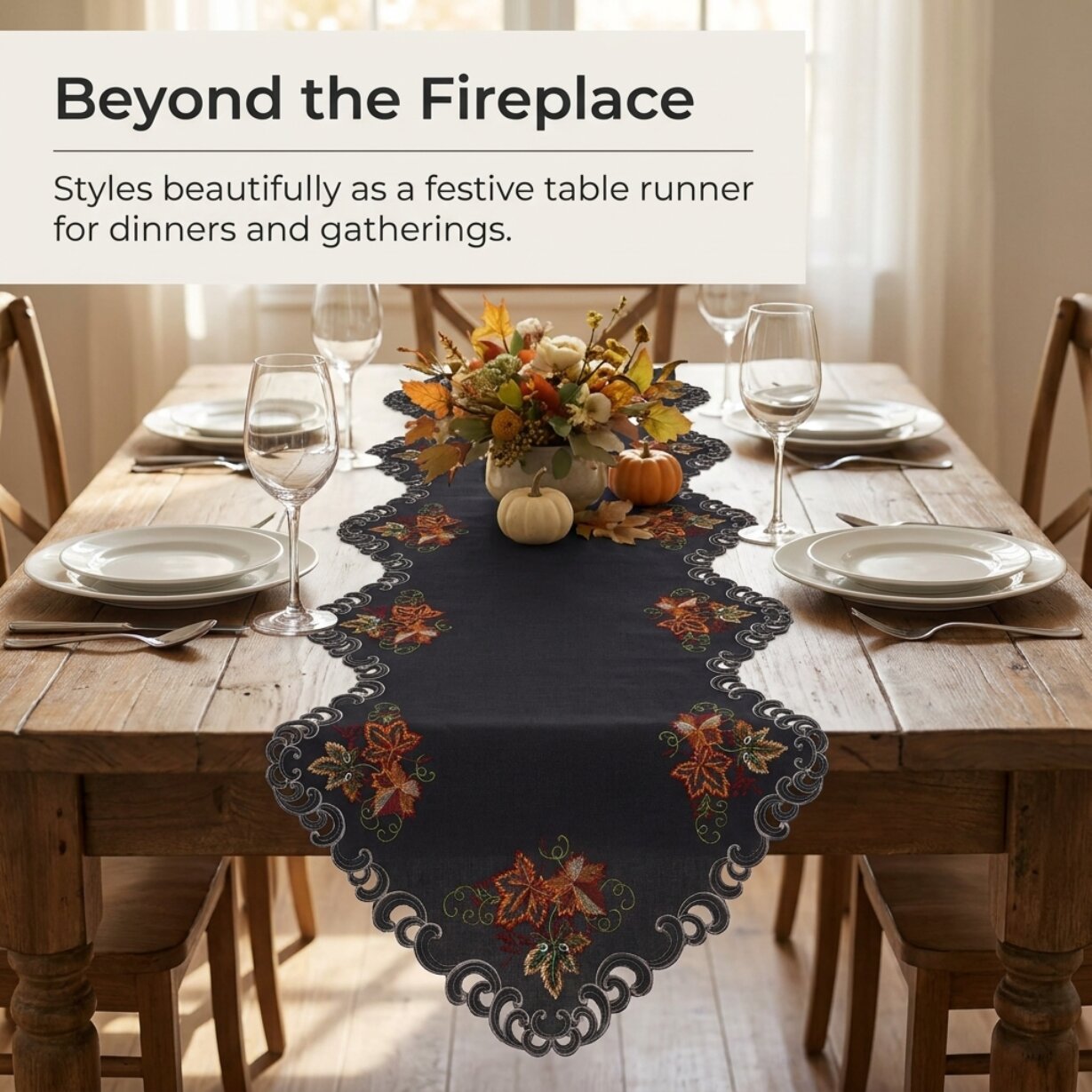 Mantel Scarf Cover – Charcoal Gray Embroidered Lace Table Runner Decor 18x90 Inch