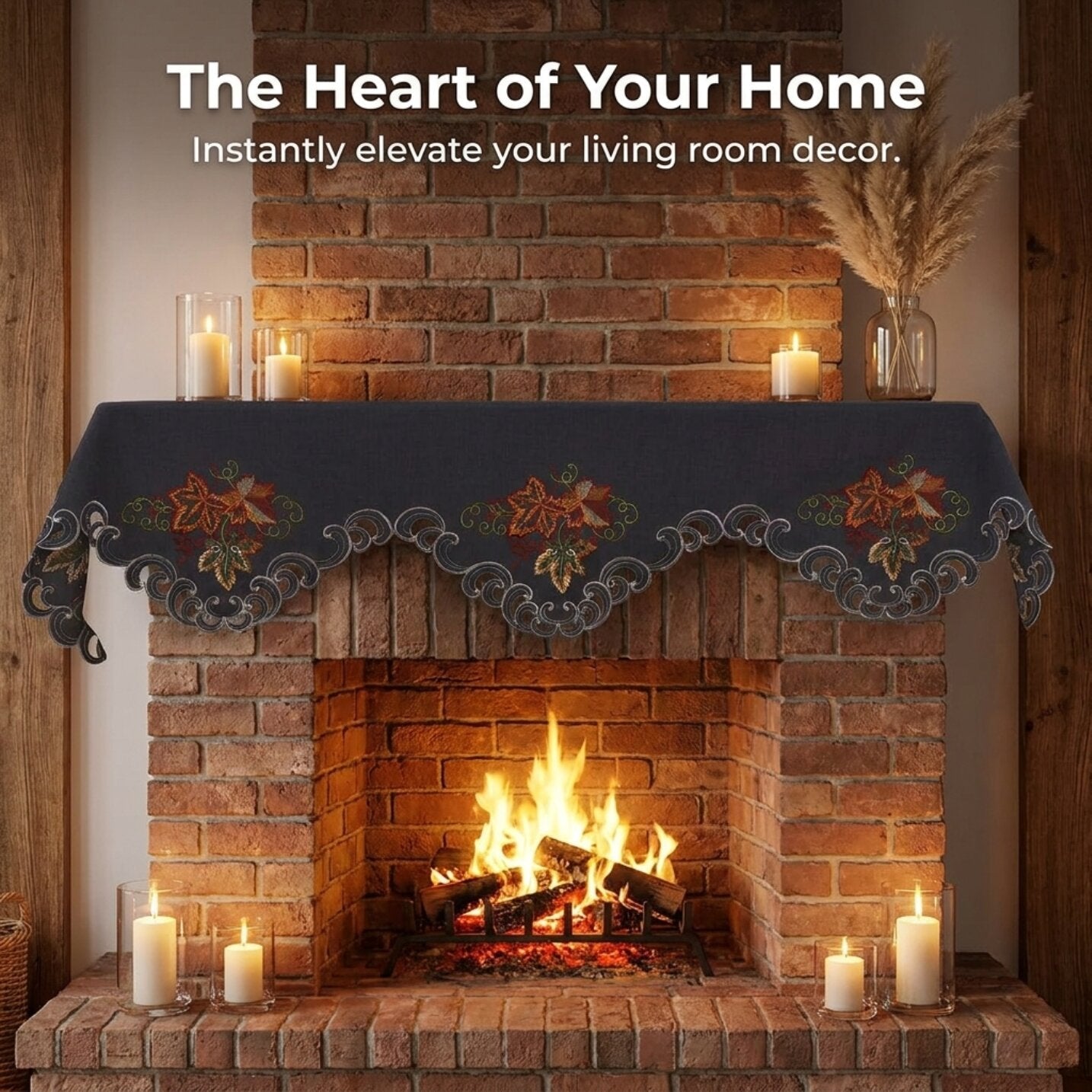 Mantel Scarf Cover – Charcoal Gray Embroidered Lace Table Runner Decor 18x90 Inch
