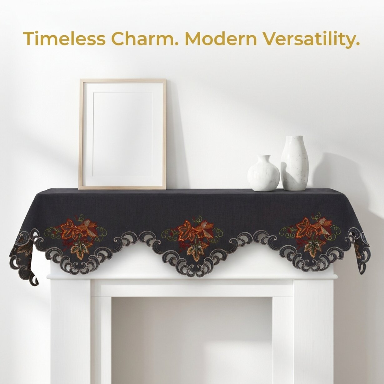Mantel Scarf Cover – Charcoal Gray Embroidered Lace Table Runner Decor 18x90 Inch