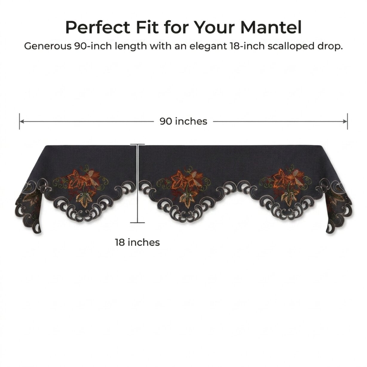 Mantel Scarf Cover – Charcoal Gray Embroidered Lace Table Runner Decor 18x90 Inch