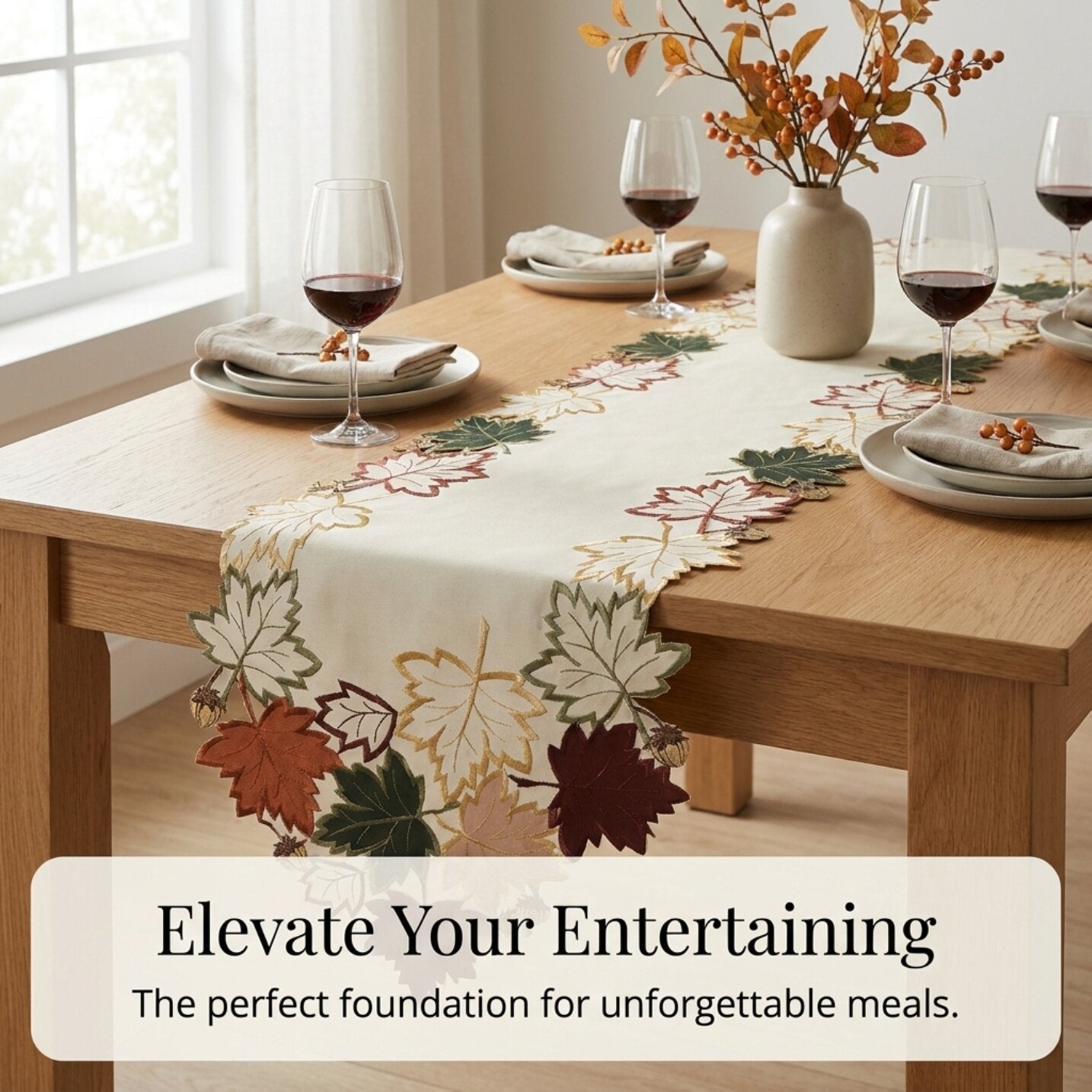 Cream White Table Runner – Falling Petals Embroidered European Decor 14x108 Inch