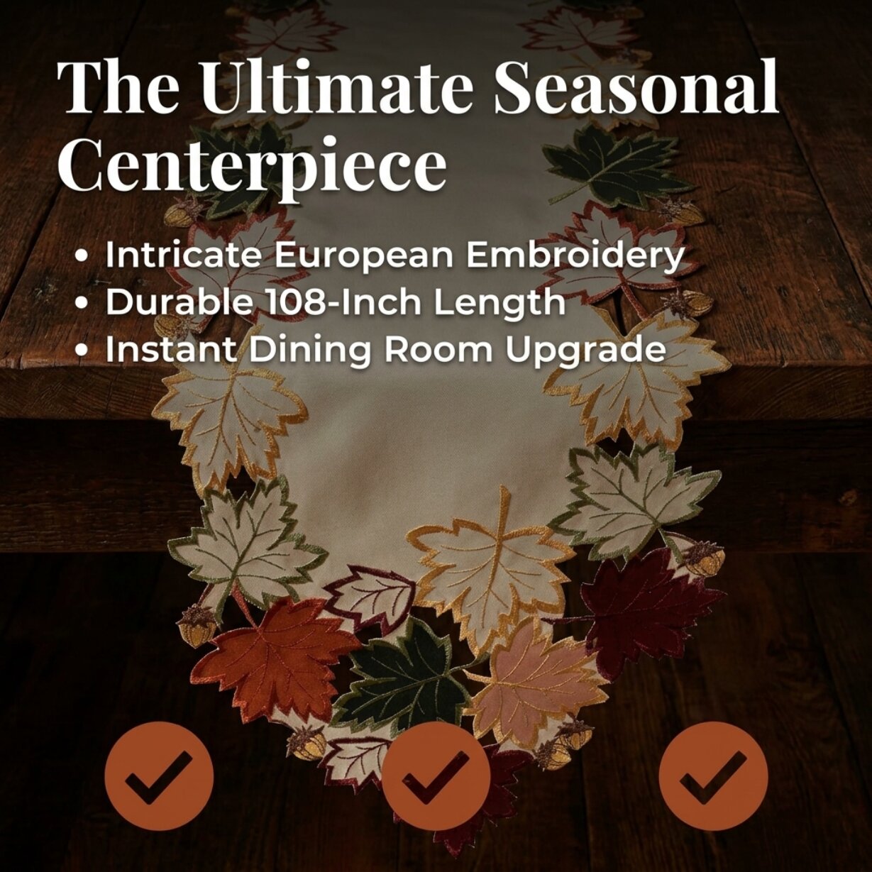 Cream White Table Runner – Falling Petals Embroidered European Decor 14x108 Inch