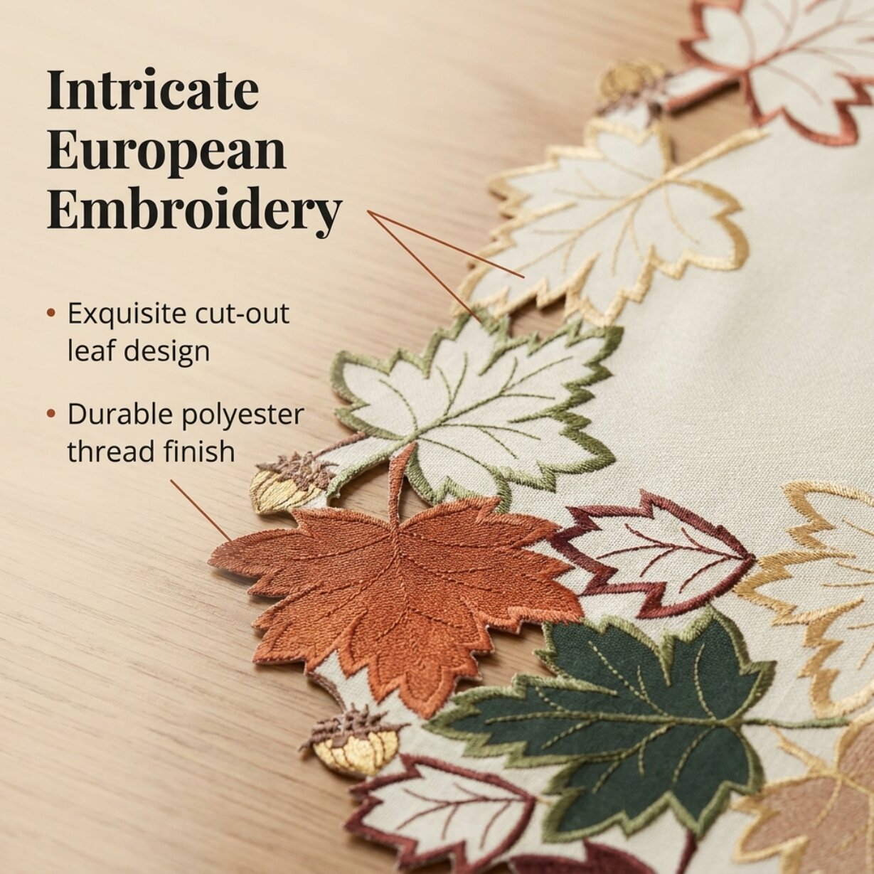 Cream White Table Runner – Falling Petals Embroidered European Decor 14x108 Inch