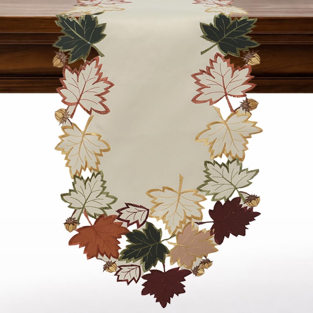 Cream White Table Runner – Falling Petals Embroidered European Decor 14x108 Inch