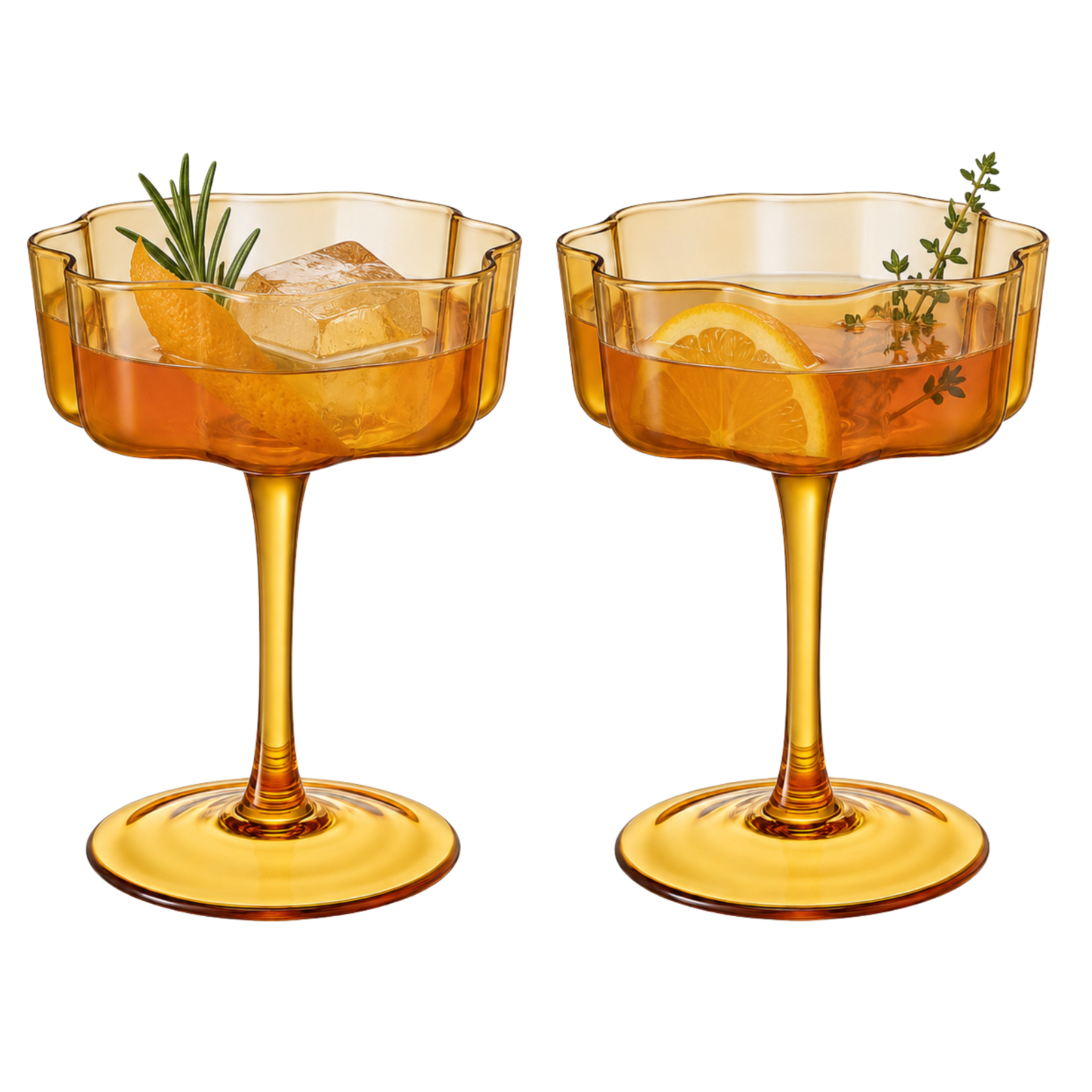 Flower Wave Coupe Cocktail Colored Glasses | Set of 2 | Amber