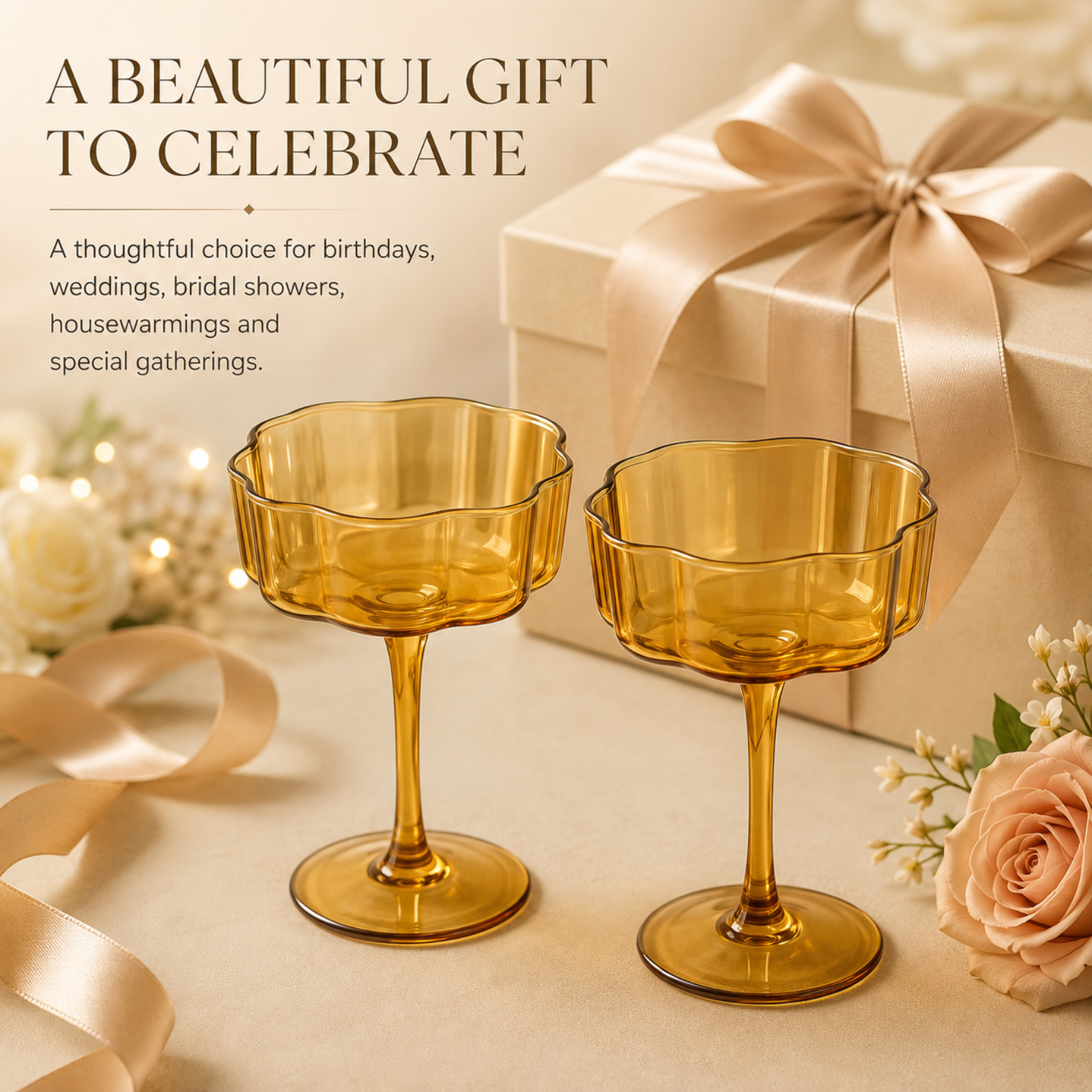 Flower Wave Coupe Cocktail Colored Glasses | Set of 2 | Amber
