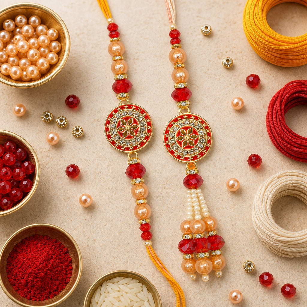 Premium Designer Peach Rakhi Set of 2 for Bhaiya Bhabhi – Traditional Lumba Set, Thread Rakhi with Stones | Ideal Raksha Bandhan Gift