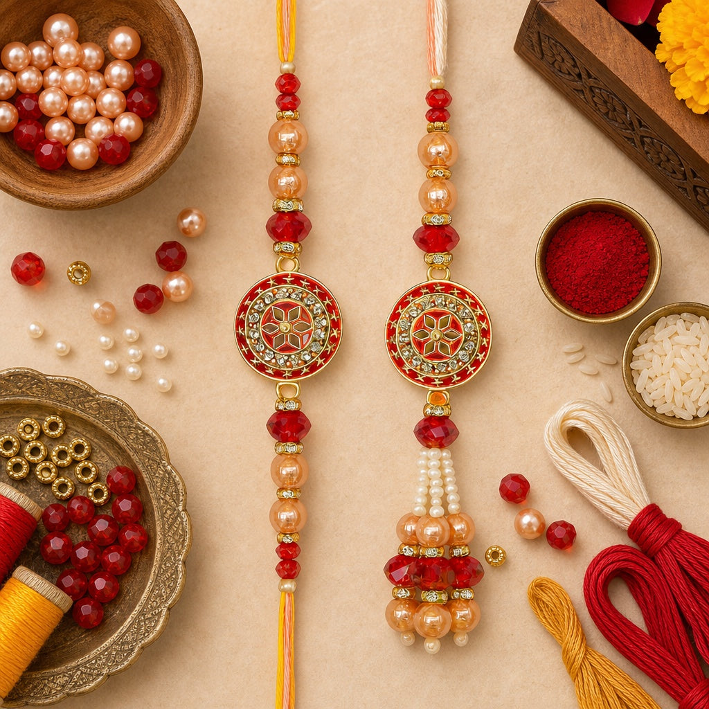 Premium Designer Peach Rakhi Set of 2 for Bhaiya Bhabhi – Traditional Lumba Set, Thread Rakhi with Stones | Ideal Raksha Bandhan Gift