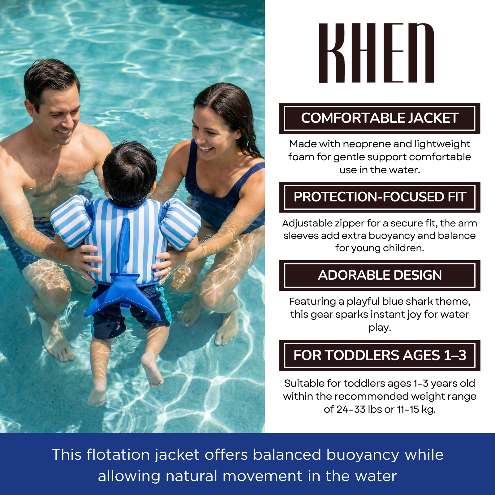 Floating Jackets with Sleeves for Pool or Beach | 1-3 Years | Blue Shark