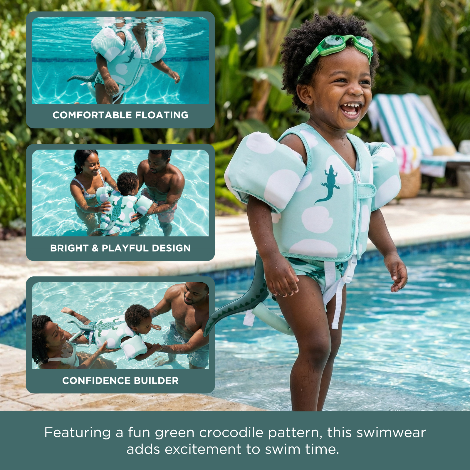 Floating Jackets with Sleeves for Pool or Beach | 1-3 Years | Crocodile