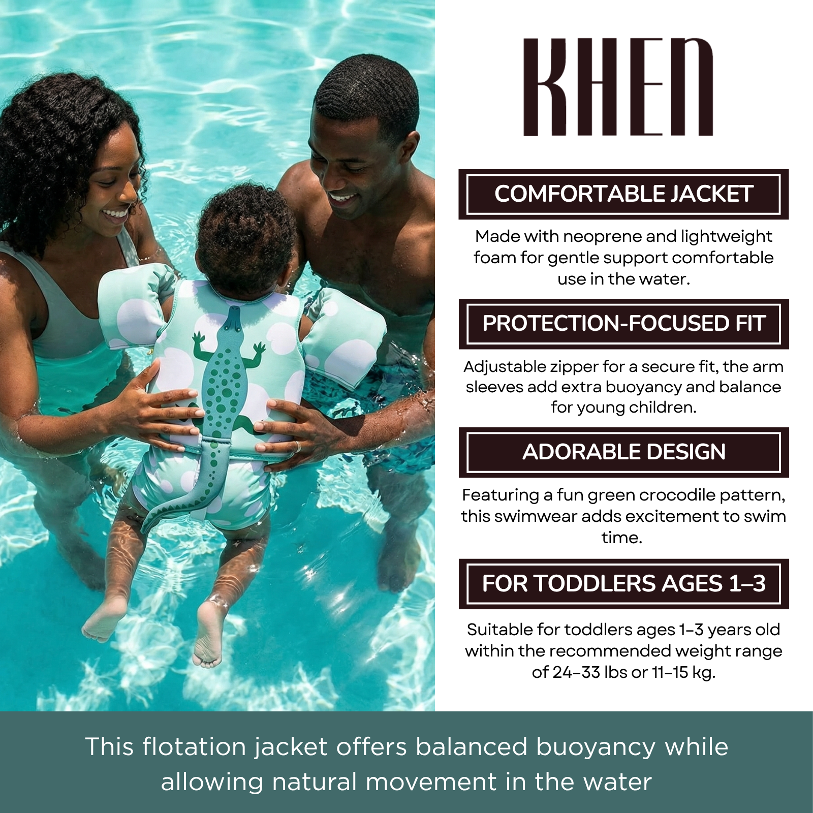 Floating Jackets with Sleeves for Pool or Beach | 1-3 Years | Crocodile