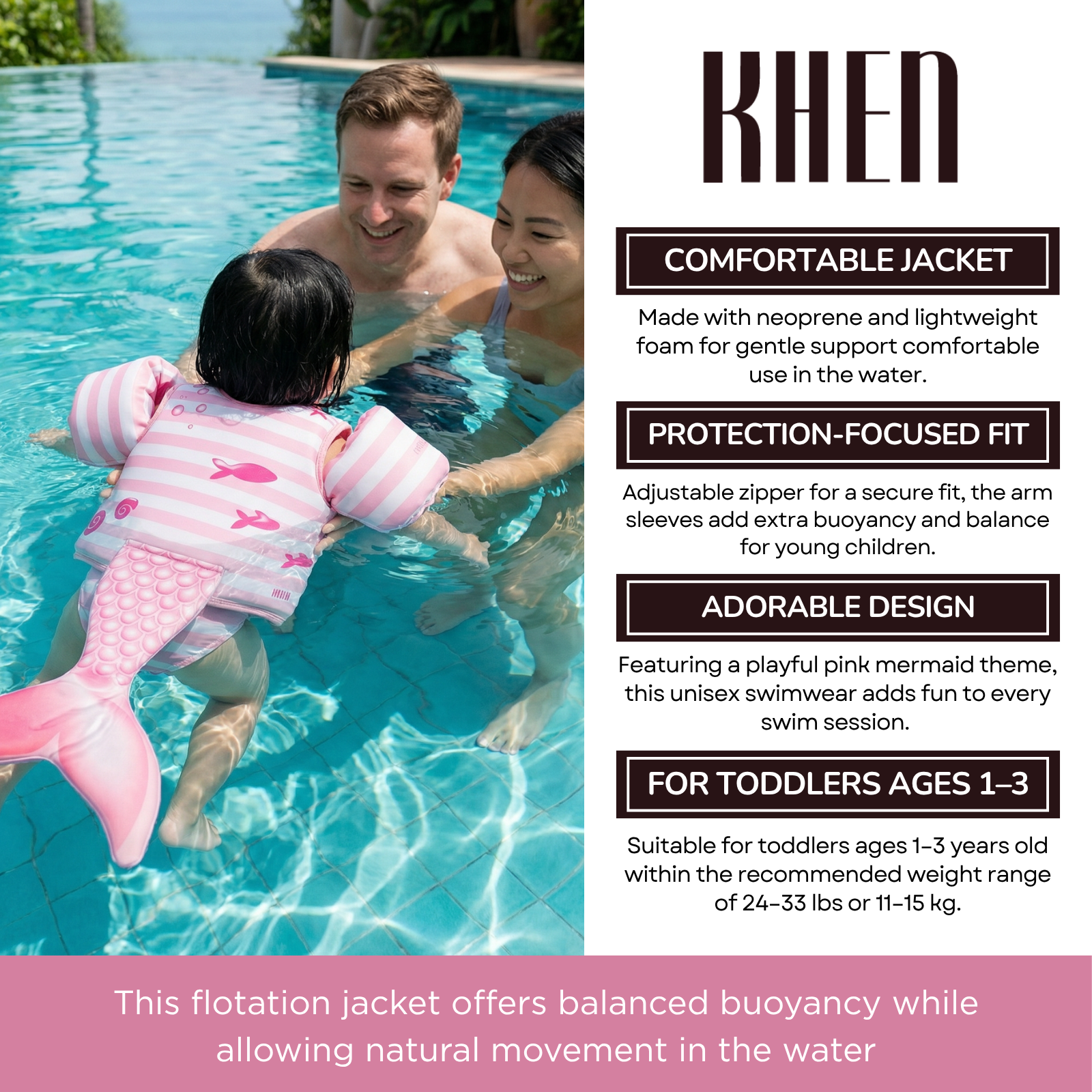 Floating Jackets with Sleeves for Pool or Beach | 1-3 Years | Pink Mermaid