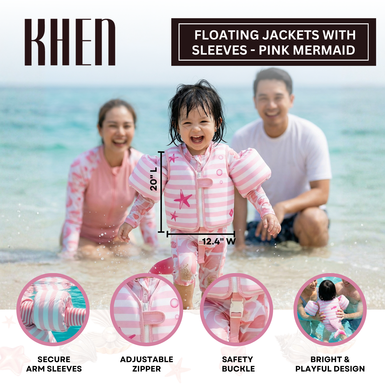 Floating Jackets with Sleeves for Pool or Beach | 1-3 Years | Pink Mermaid