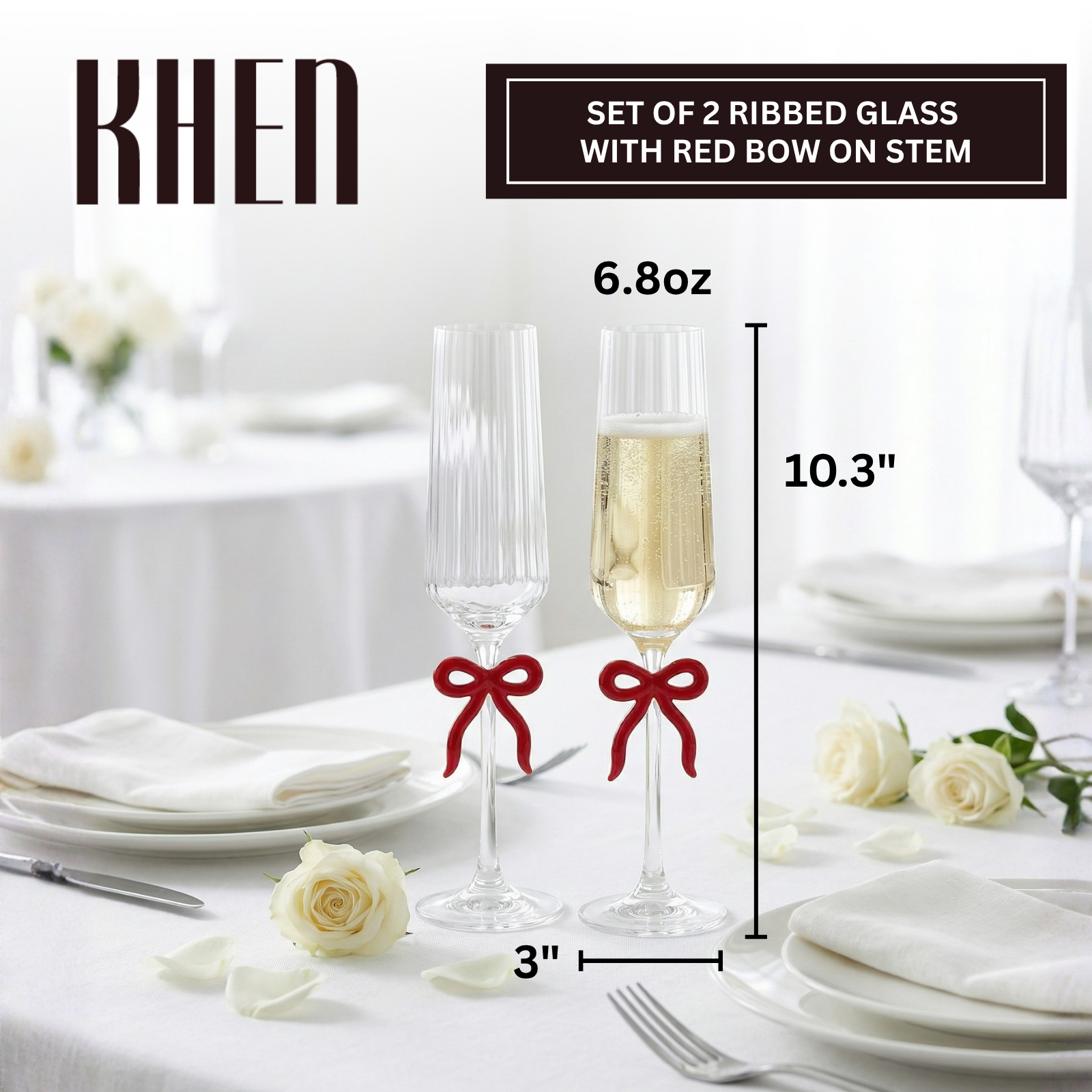 Clear Champagne Glass with Red Bow on Stem, Set of 2