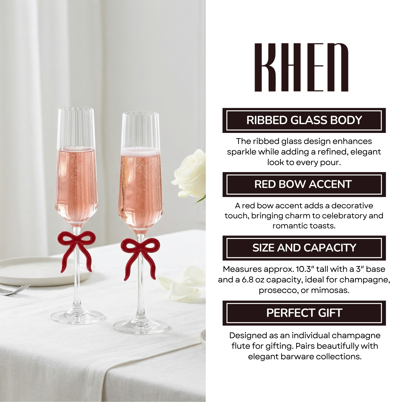 Clear Champagne Glass with Red Bow on Stem, Set of 2