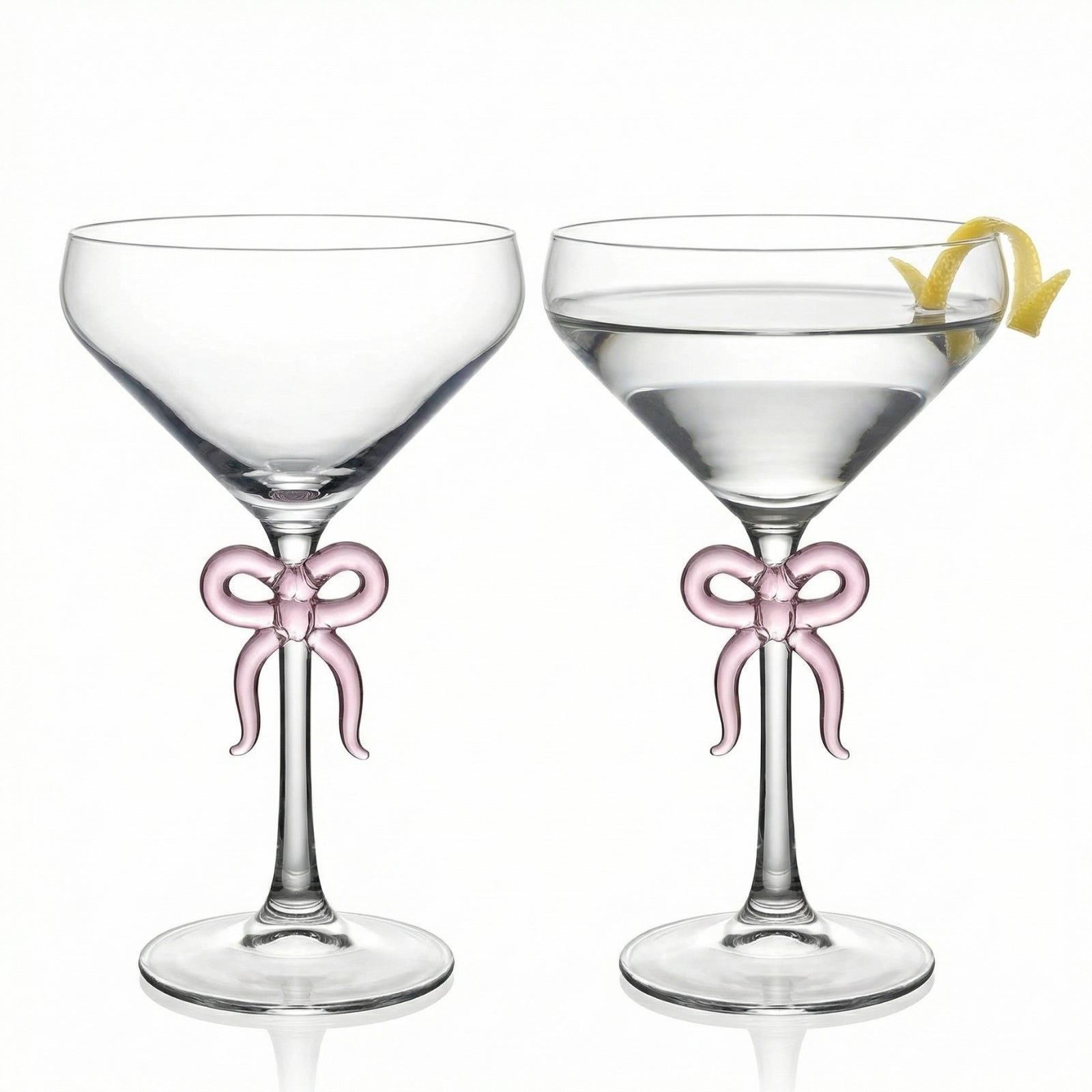 Clear Martini Glass with Pink Bow on Stem, Set of 2