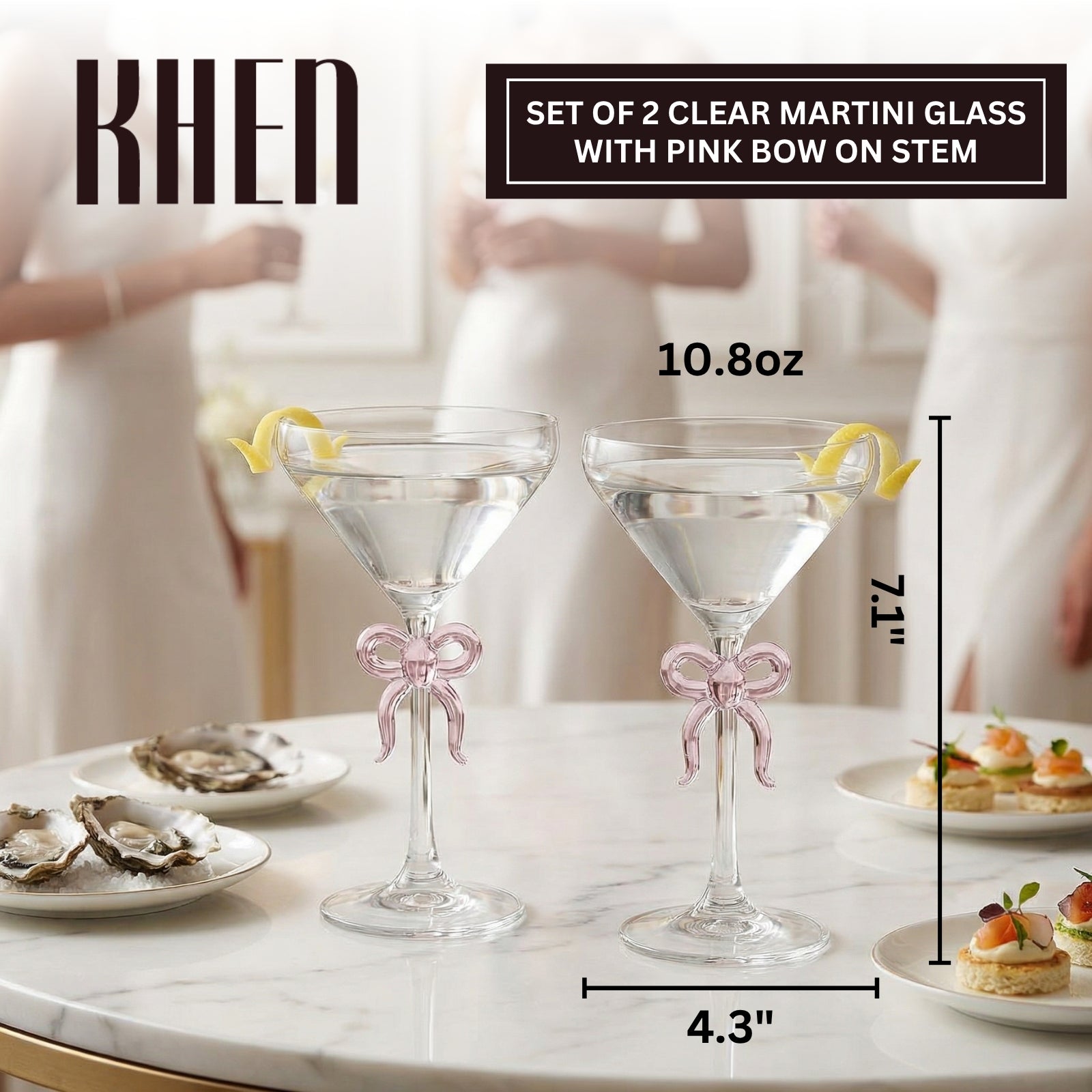Clear Martini Glass with Pink Bow on Stem, Set of 2