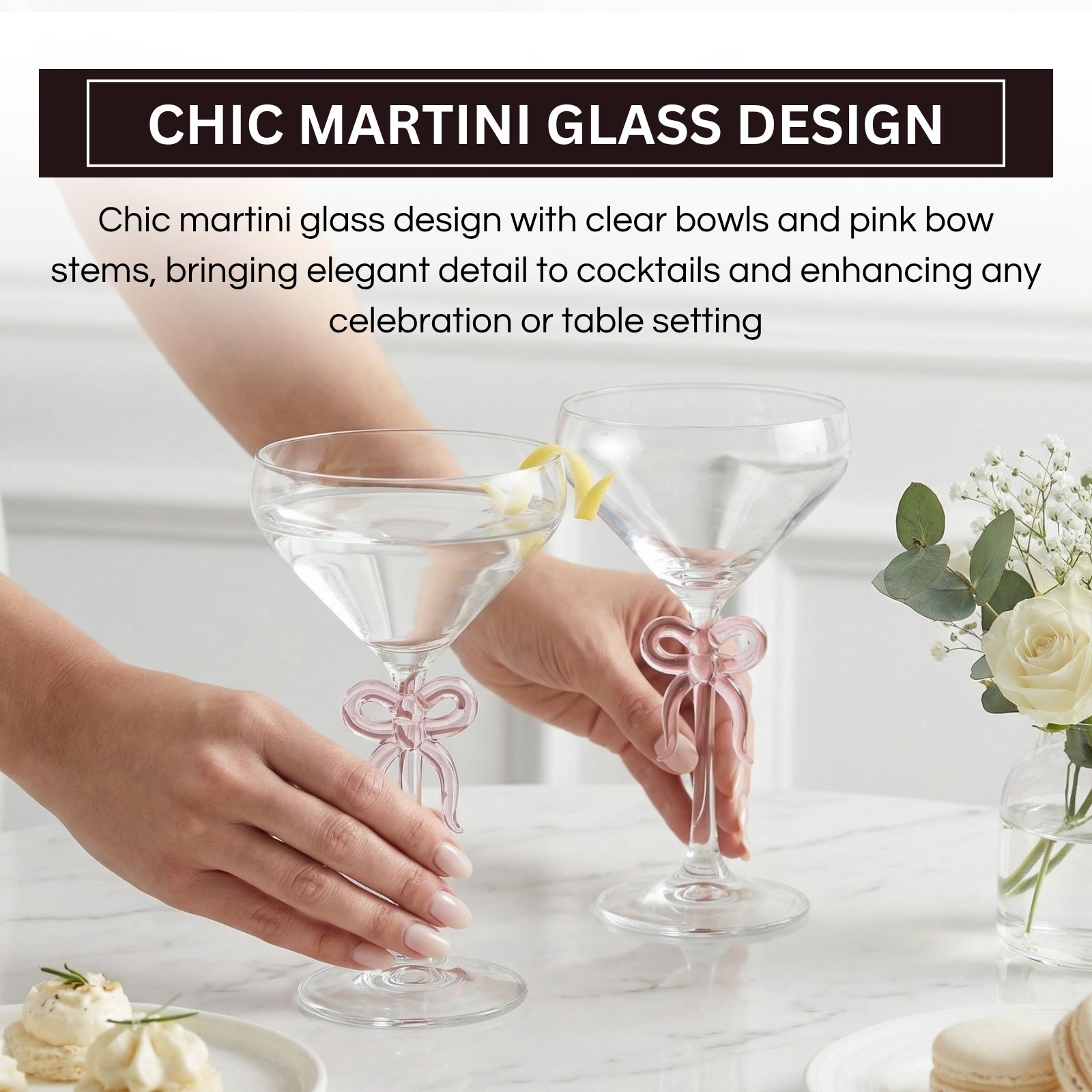 Clear Martini Glass with Pink Bow on Stem, Set of 2